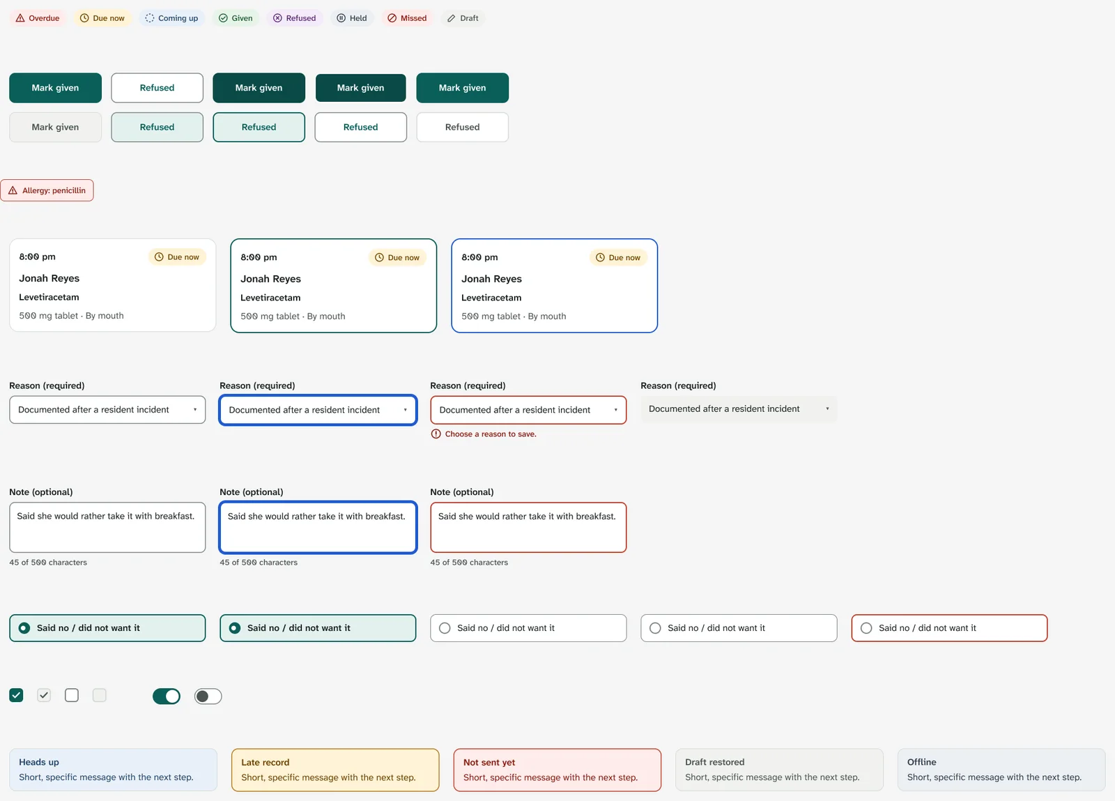 Component sheet: status chips, buttons in five states, dose cards in default, selected and focus states, and form fields in default and error states.