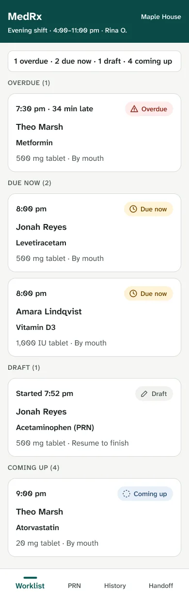 Mobile worklist with Overdue, Due now and Draft groups and a bottom tab bar.