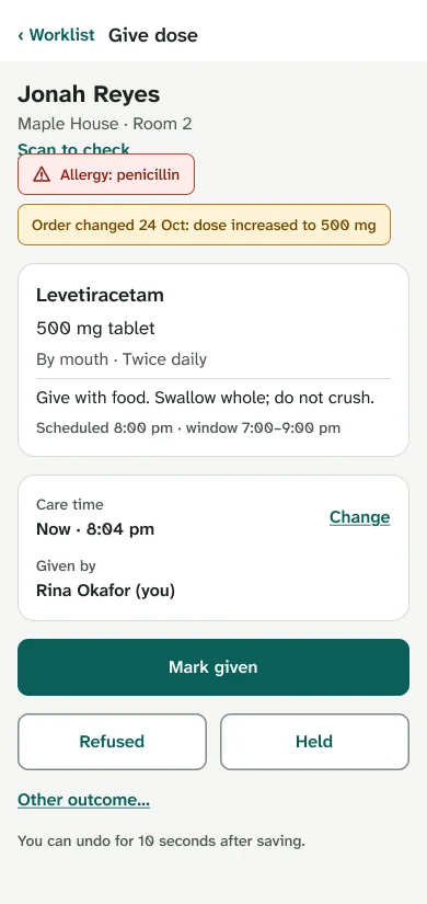 MedRx mobile dose sheet for Jonah Reyes with a penicillin allergy chip and a Mark given button.