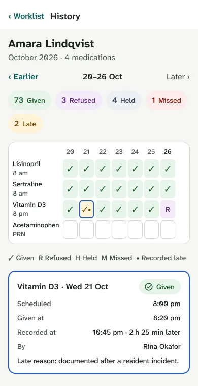 Mobile 7-day history grid with text codes and a record card.
