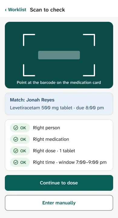 Scan match: right person, medication, dose and time all OK, with Continue to dose.