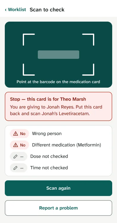 Scan mismatch: 'Stop, this card is for Theo Marsh', with Scan again.