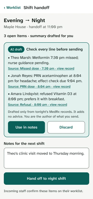 Mobile handoff with an 'AI draft' panel: three lines with source links, a no-advice note, and Use in notes and Discard.
