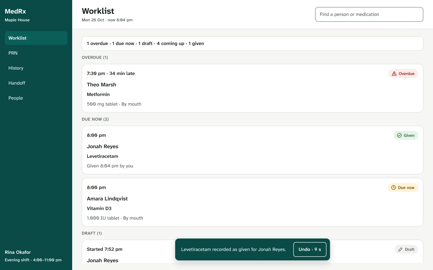 Worklist after saving: a message reads 'Levetiracetam recorded as given for Jonah Reyes' with an Undo button and a countdown.