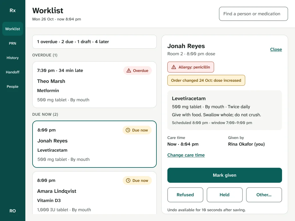 Tablet worklist with a narrow navigation rail, the urgency-sorted list, and Jonah Reyes's dose panel.