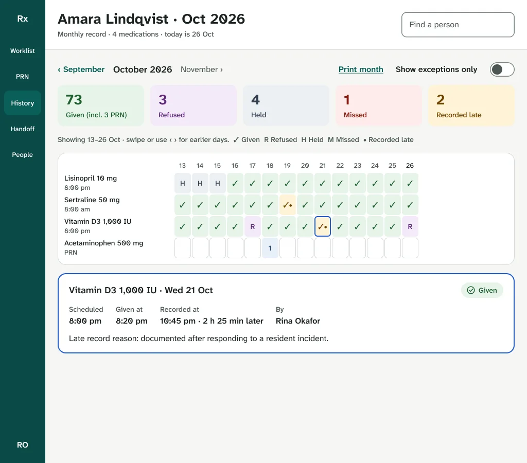 Tablet history for Amara Lindqvist showing 13 to 26 October with text codes and a selected late record.