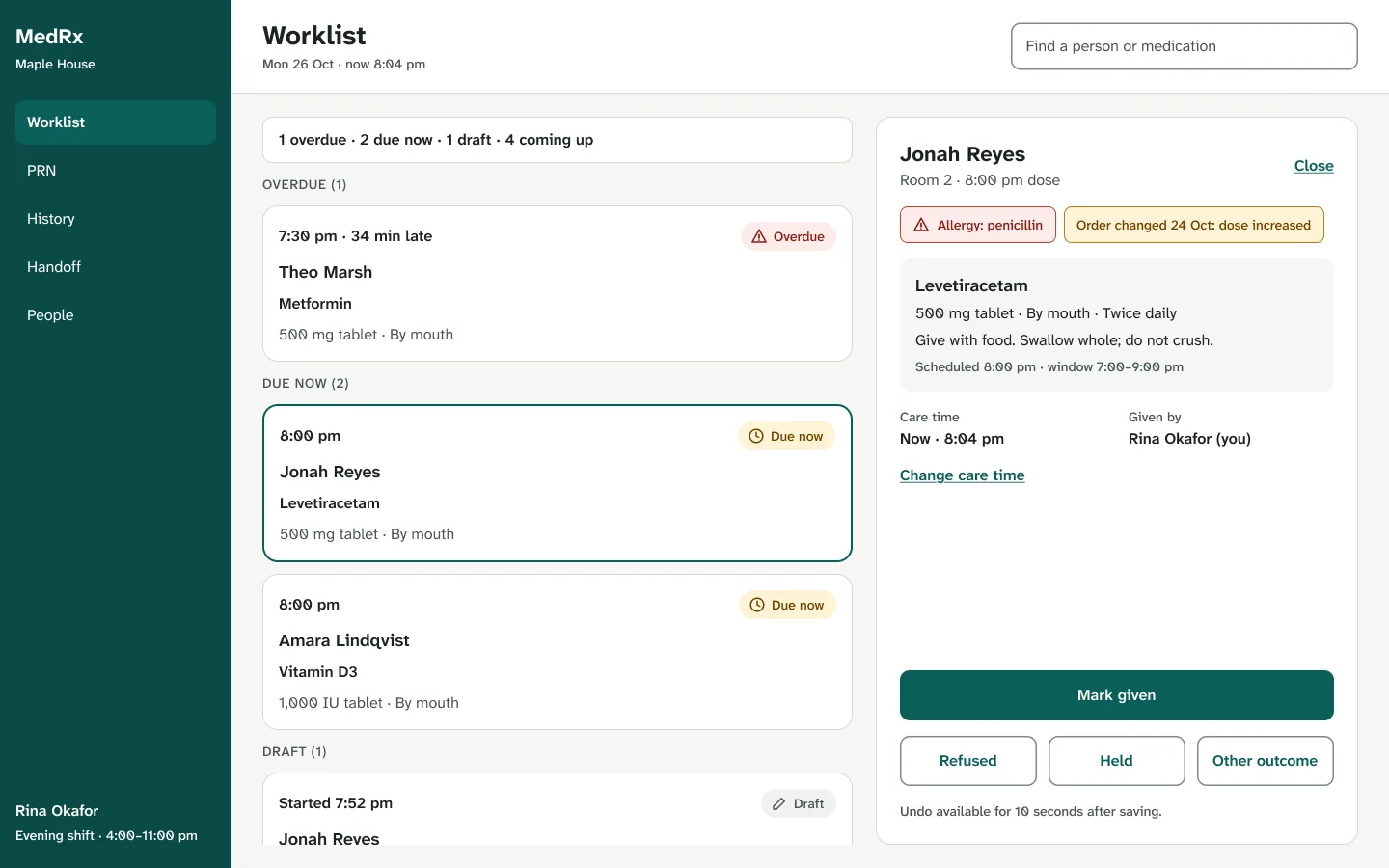 MedRx web worklist with an overdue dose, two doses due now and a dose panel open beside the list.