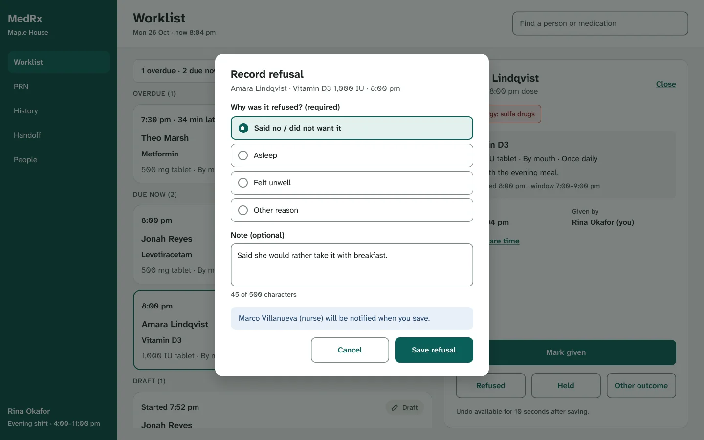 Record refusal dialog for Amara Lindqvist's vitamin D3: required reason selected, an optional note with a character counter, and a message that the nurse will be notified on save.