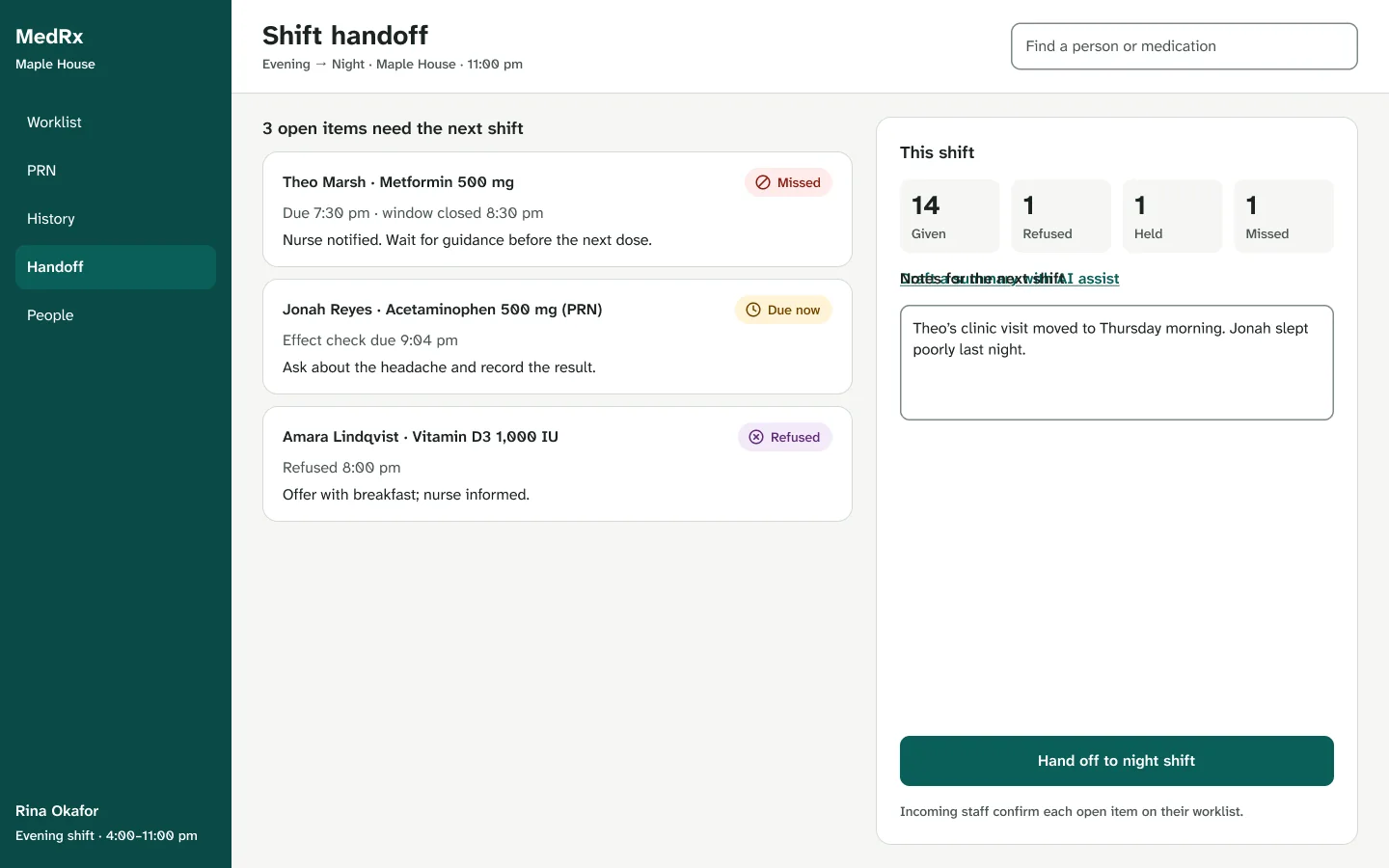 Shift handoff: three open items with status, reason and next action, a shift summary, and notes above 'Hand off to night shift'.