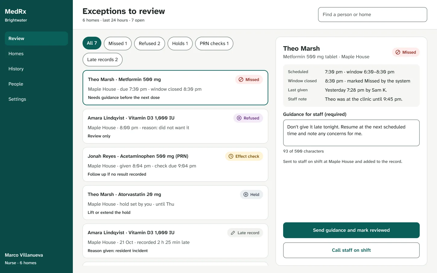 Nurse exceptions review across six homes with filters by type and a guidance field.