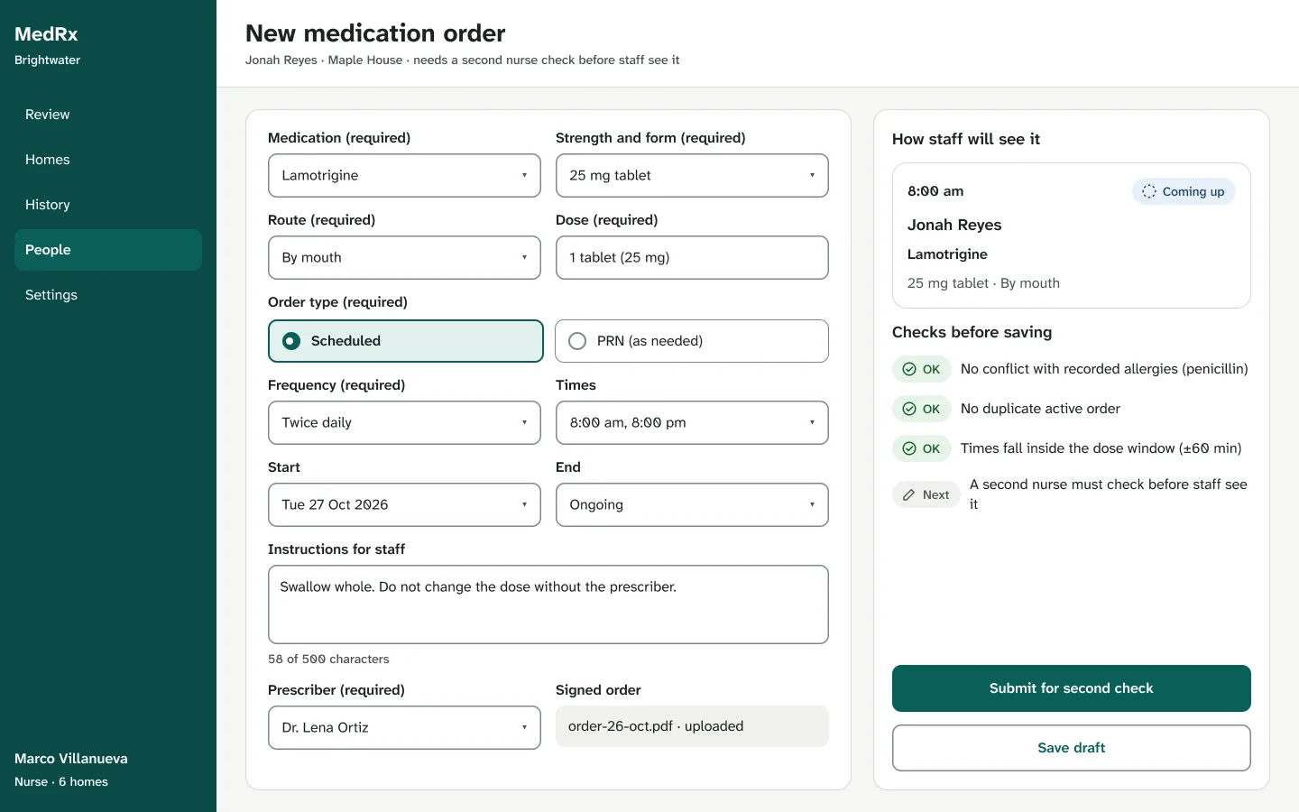 New medication order form with a preview of how staff will see the dose and checks before a second nurse review.