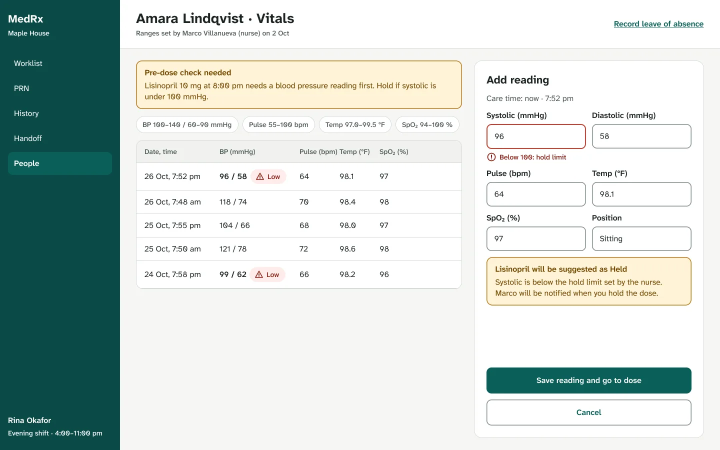 Vitals for Amara Lindqvist with units, ranges, low readings flagged in text, and a note that her lisinopril will be suggested as held.