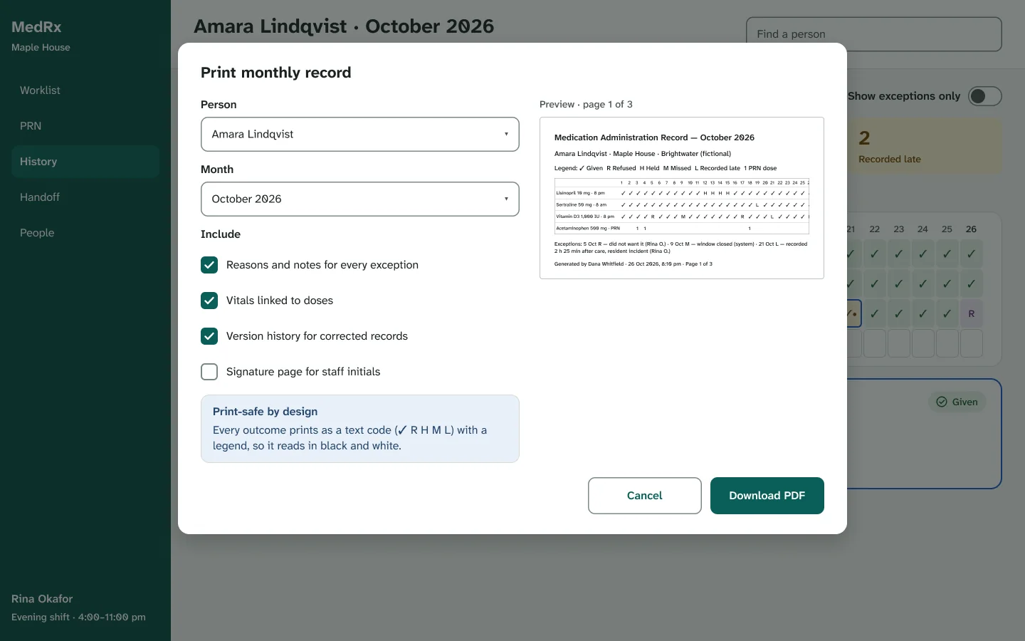 Print dialog with a print-safe monthly preview using text codes and a legend.