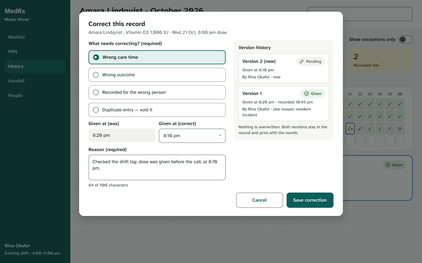Correct this record dialog asking what is wrong and why, with both versions kept.