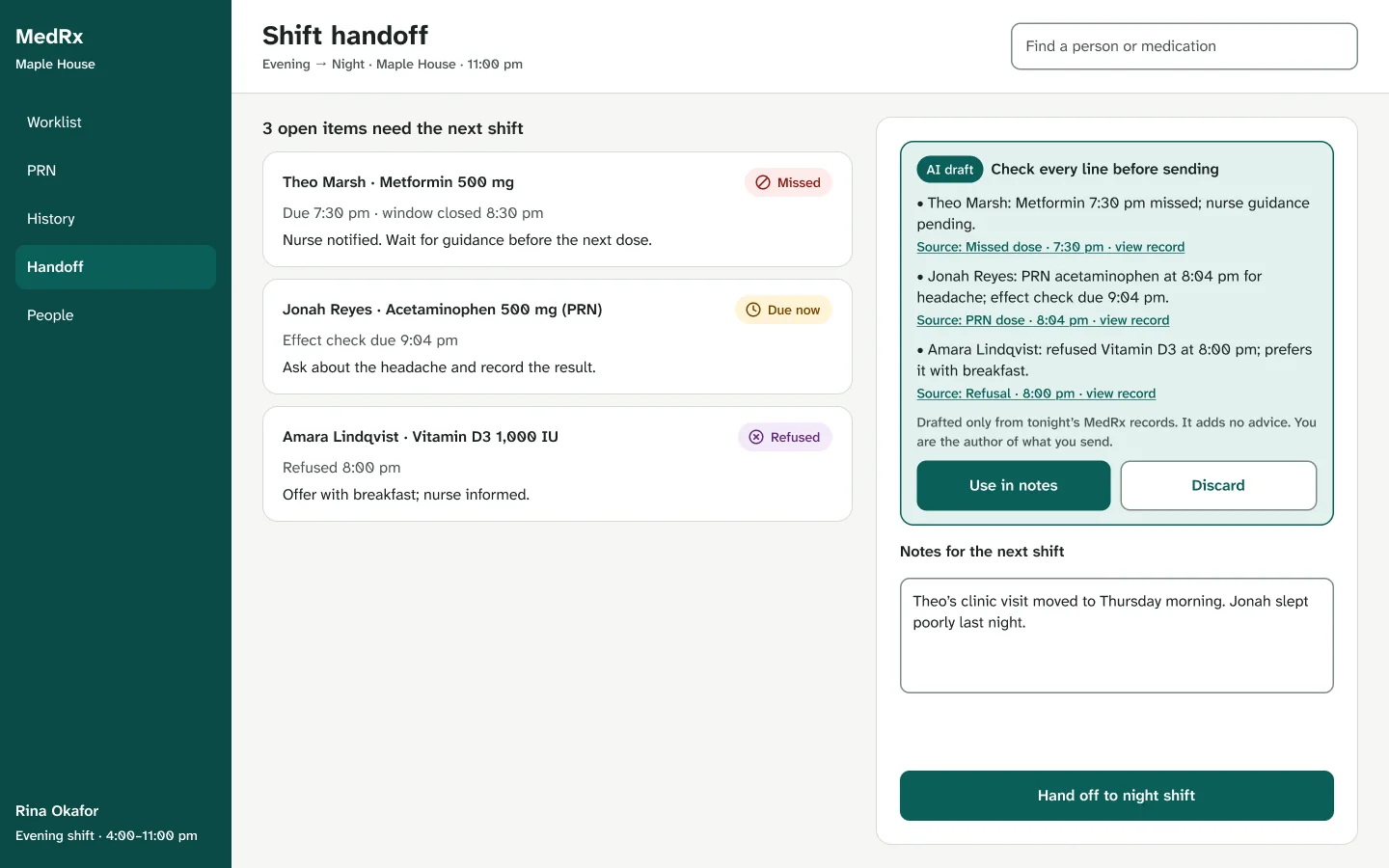 Web handoff with the AI draft beside the open items, each line linked to its source record.